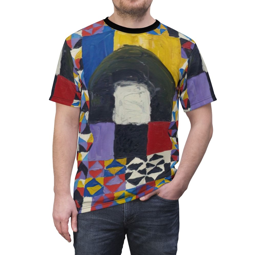 Vibrant abstract geometric t-shirt design with cosmic patterns and marine elements - men front