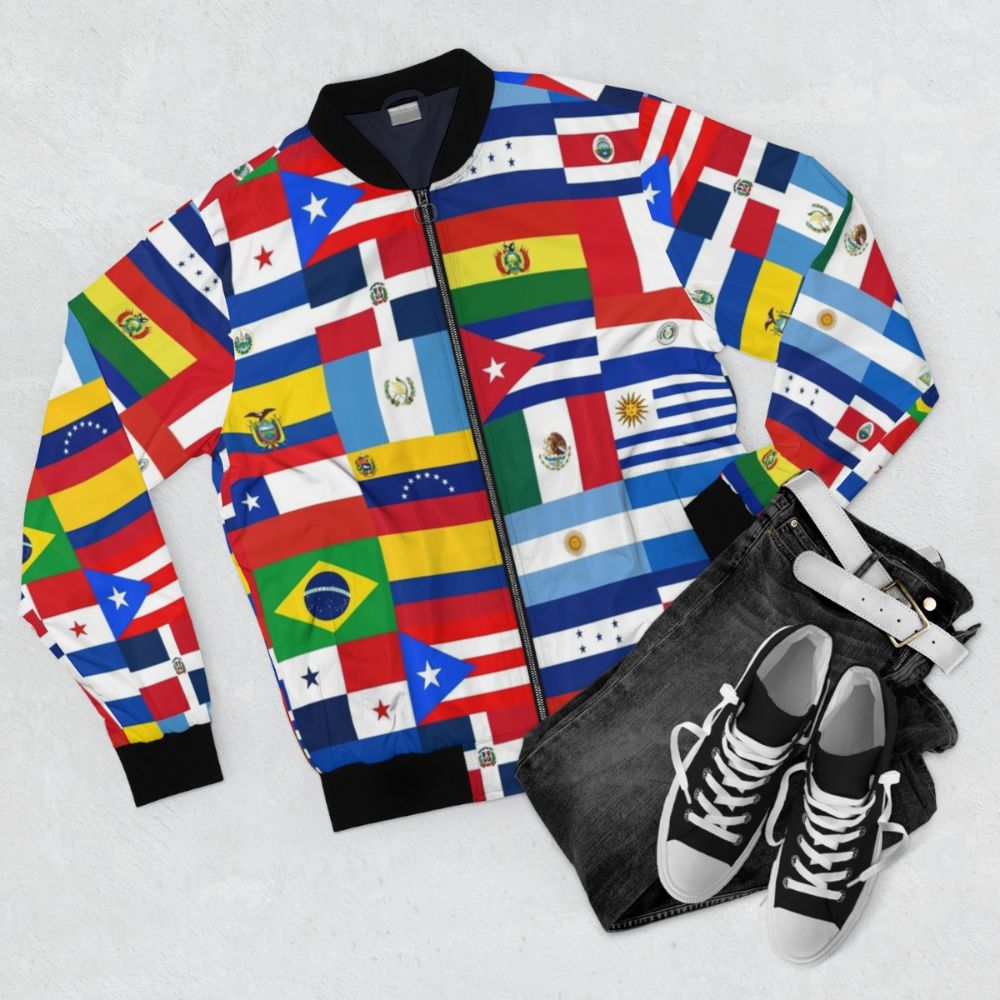 Latin America Bomber Jacket featuring flags of Latin American countries - Flat lay