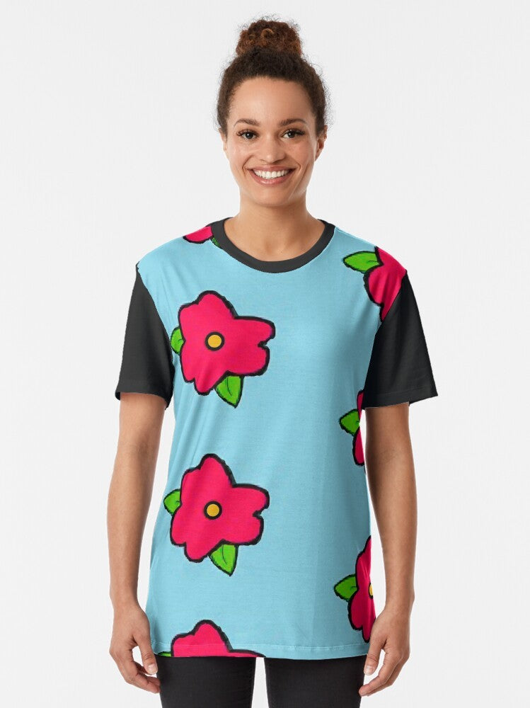 Graphic t-shirt featuring a king-size Homer Simpson wearing a muumuu with a flower design - Women