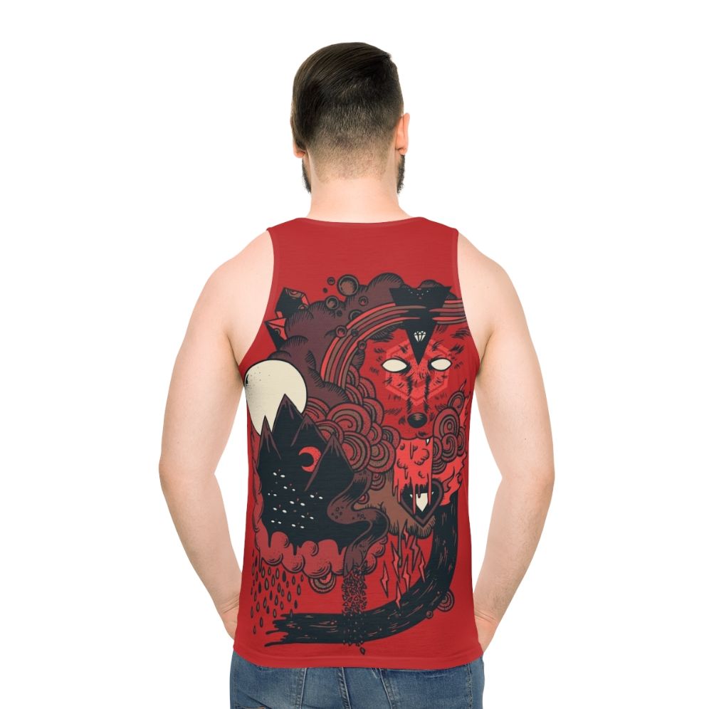 Unisex tank top with a fierce wolf leader design - men back