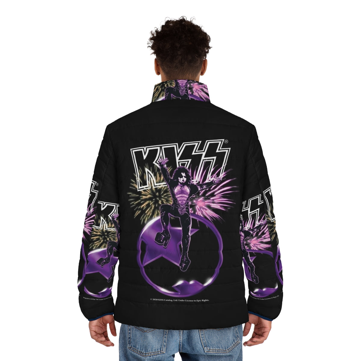 Starchild KISS Puffer Jacket featuring the iconic KISS band logo and Paul Stanley's Starchild character - men back