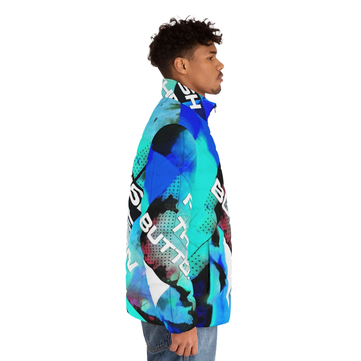 A stylish puffer jacket featuring a focus keyword "puffer jacket" perfect for the electronic music scene. - men side right