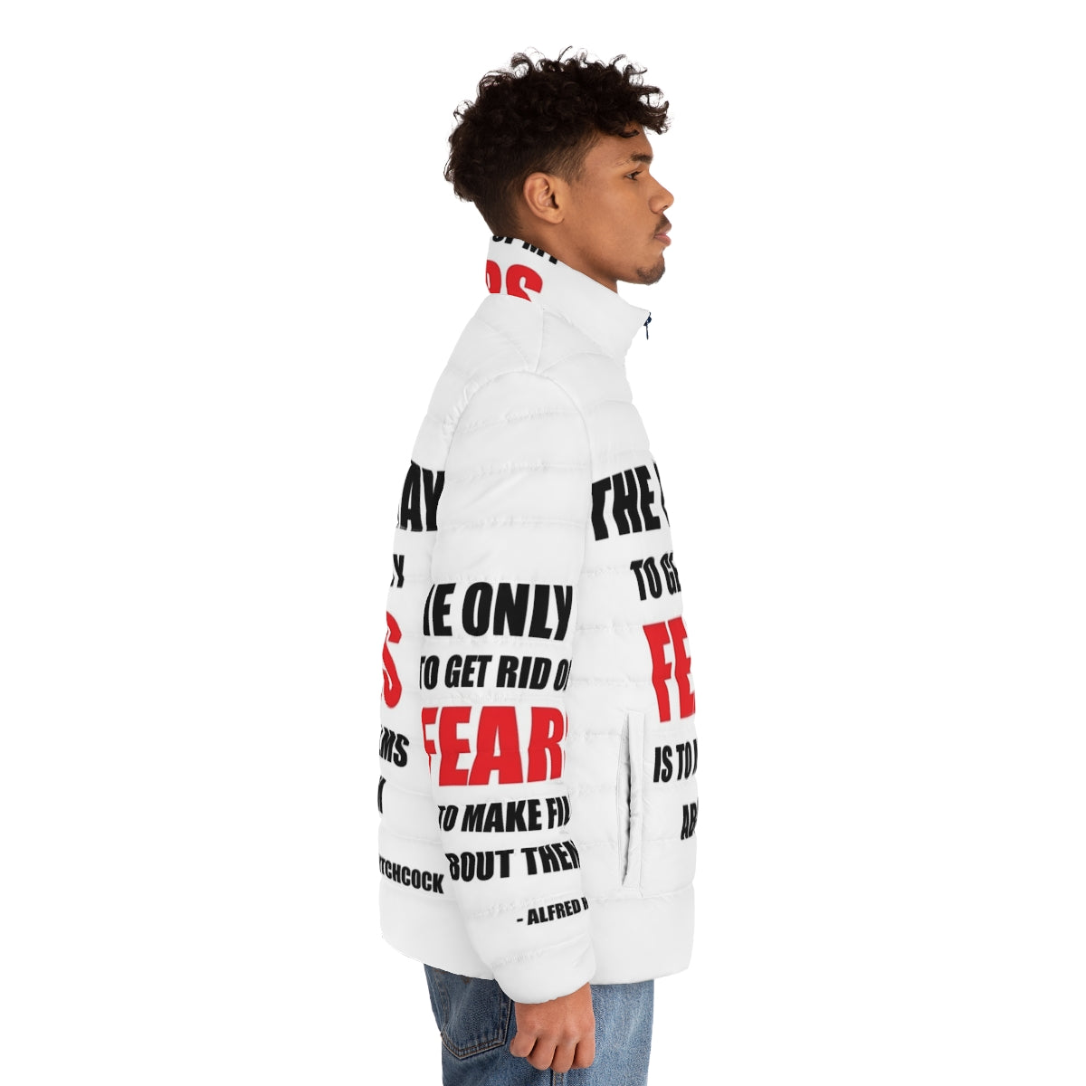 Alfred Hitchcock Quote Puffer Jacket featuring famous horror movie director's iconic quotes - men side right