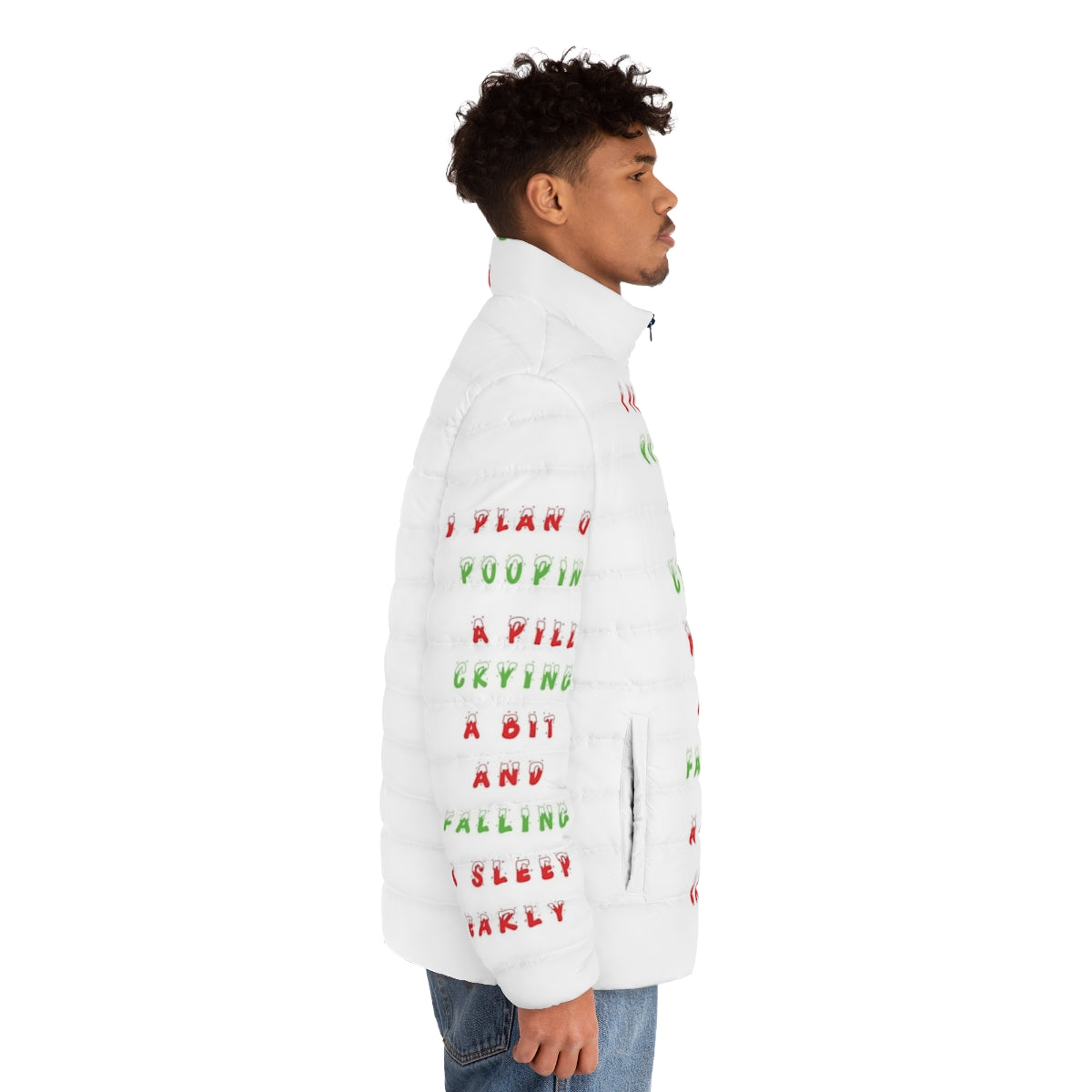 Schitt's Creek Christmas Quote Puffer Jacket featuring David Rose's iconic style - men side right