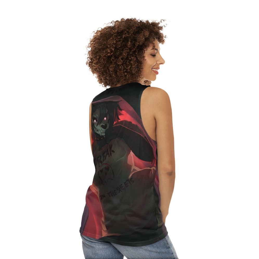 SCP-1471 Unisex Tank Top featuring a werewolf or skull dog design - women back