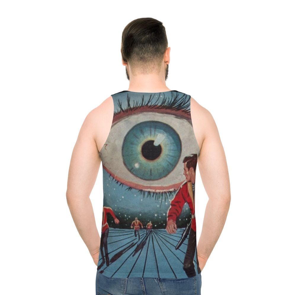 Unisex sci-fi tank top with Eye in the Sky Kindred Ubiquity design - men back