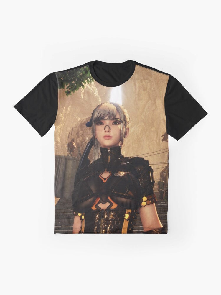 Stellar Blade video game character graphic on a t-shirt - Flat lay