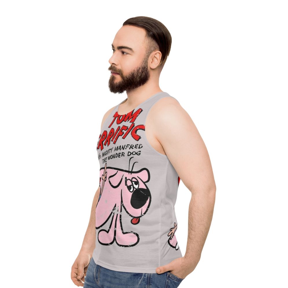 Retro unisex tank top featuring the cartoon character Tom Terrific - men side