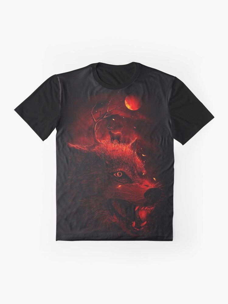 A striking red wolf silhouette against a dark, nature-inspired background on a graphic t-shirt. - Flat lay