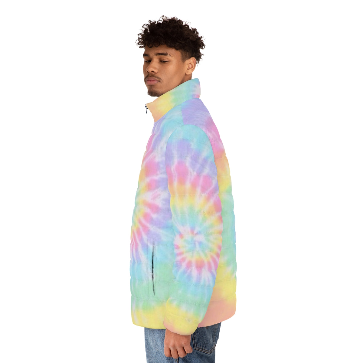 Colorful rainbow tie-dye puffer jacket - men side left