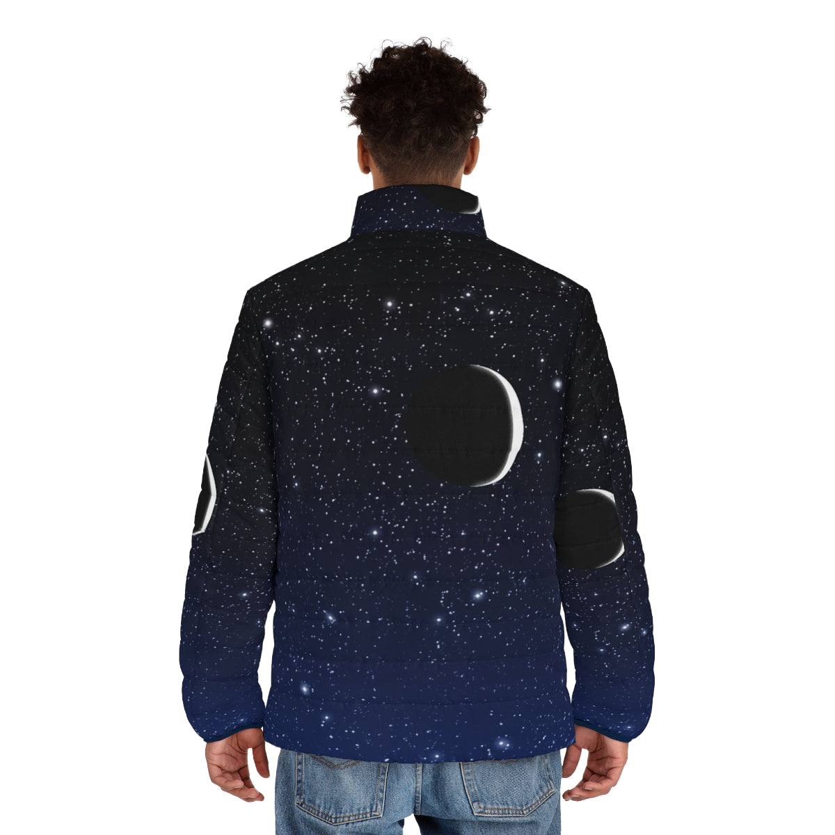 Midnight blue puffer jacket featuring a starry night sky and crescent moon design - men back