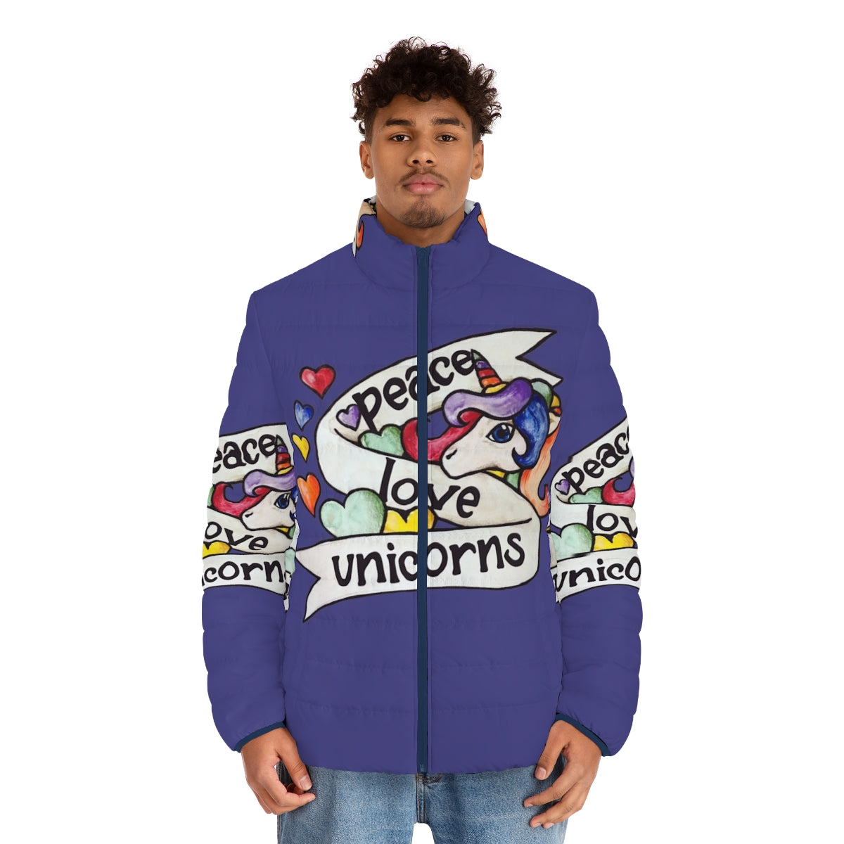 Retro unicorn puffer jacket in a vibrant rainbow design - men front