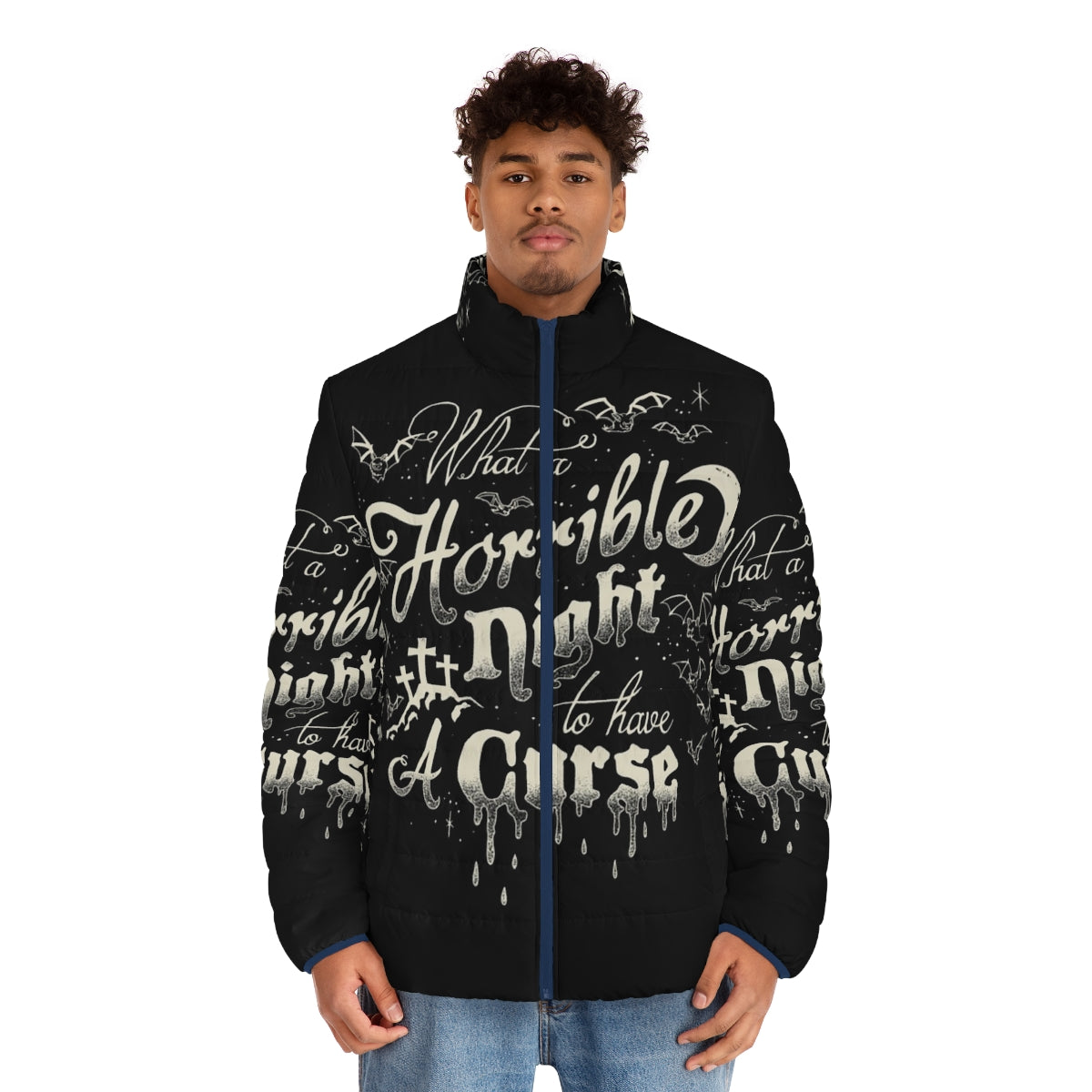 A Castlevania-themed puffer jacket with a "A Horrible Night To Have A Curse" typography design - men front