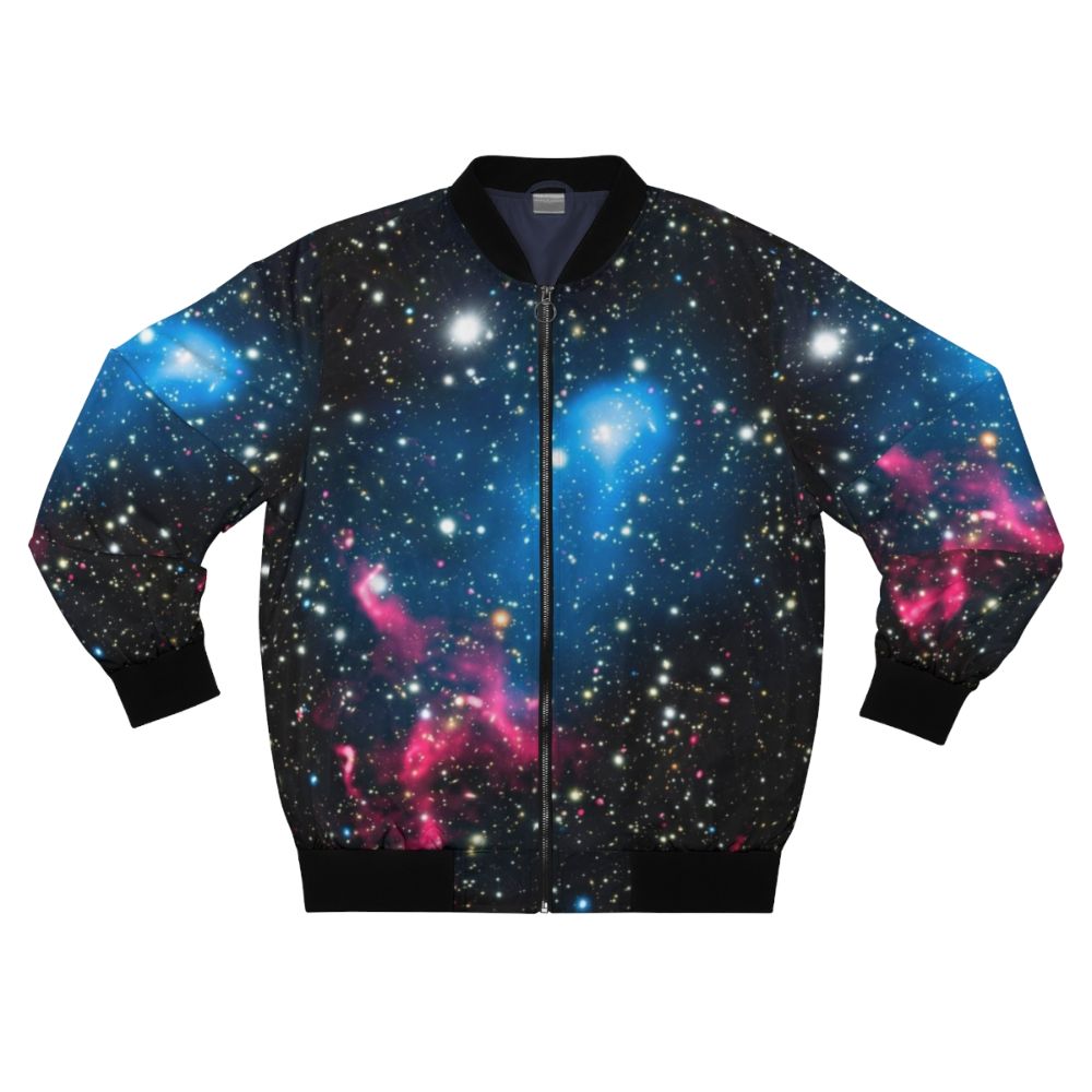 Bomber jacket with a print of galaxies colliding in space