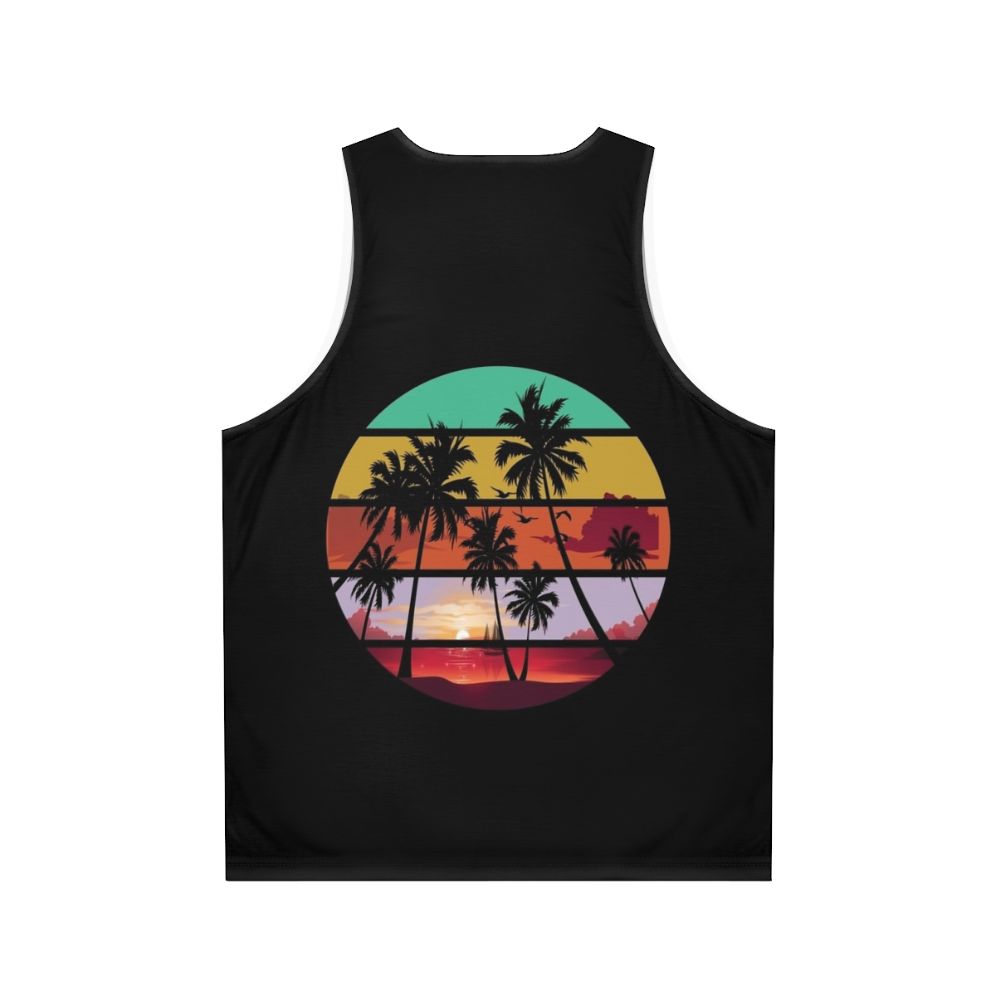 Unisex tank top with tree silhouette and sunset landscape - Back