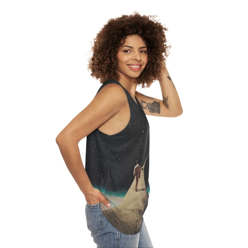 Vintage graphic unisex tank top with surreal space illustration - women side