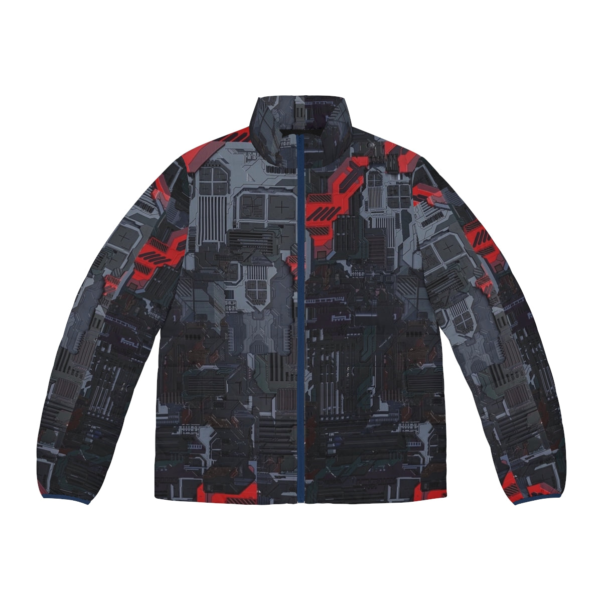 High-tech puffer jacket with circuit board and digital pattern