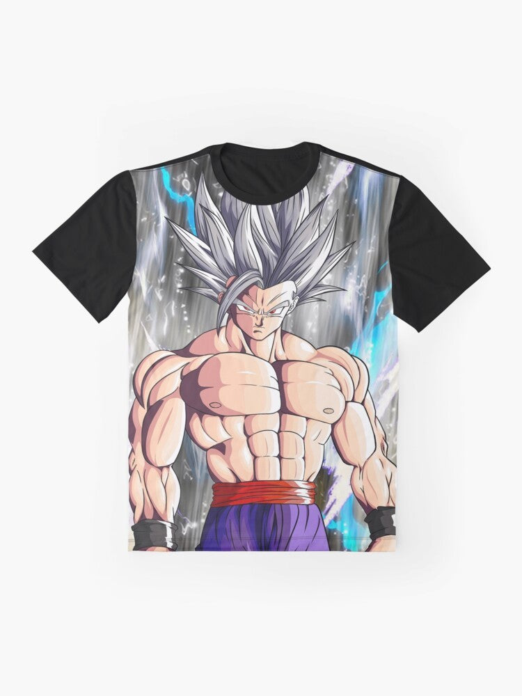 Super Saiyan Gohan from the Dragonball anime series featured on a graphic t-shirt. - Flat lay