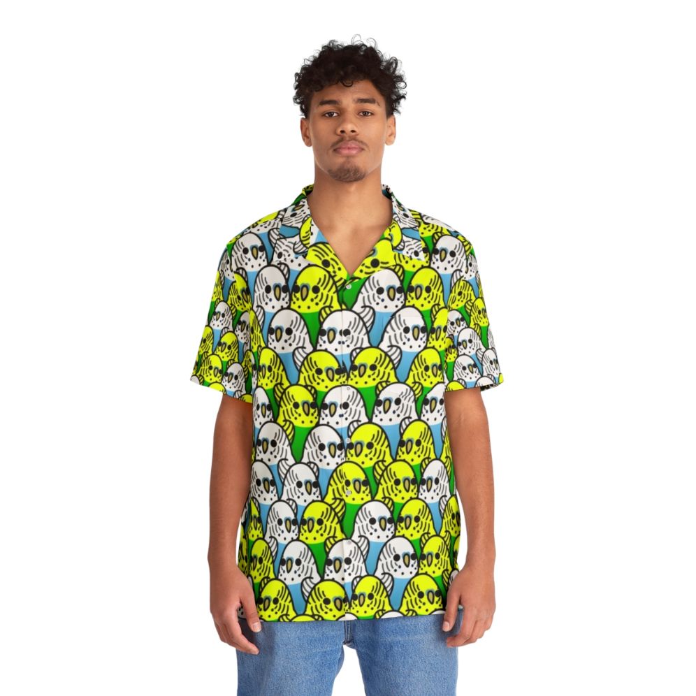 Tropical Hawaiian shirt with a colorful bird pattern featuring cockatiels, cockatoos, macaws, parakeets, and budgies. - People Front