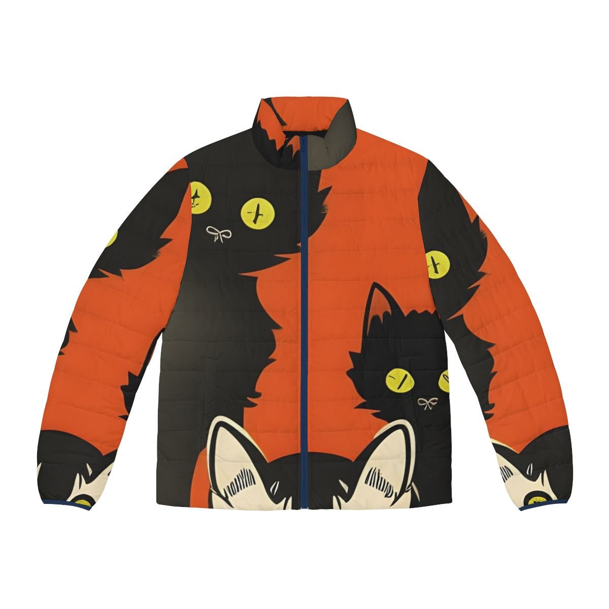 Curious cats puffer jacket in black, orange, and white colors