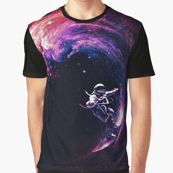 Cosmic space surfing graphic t-shirt with astronaut, galaxy, and stars design