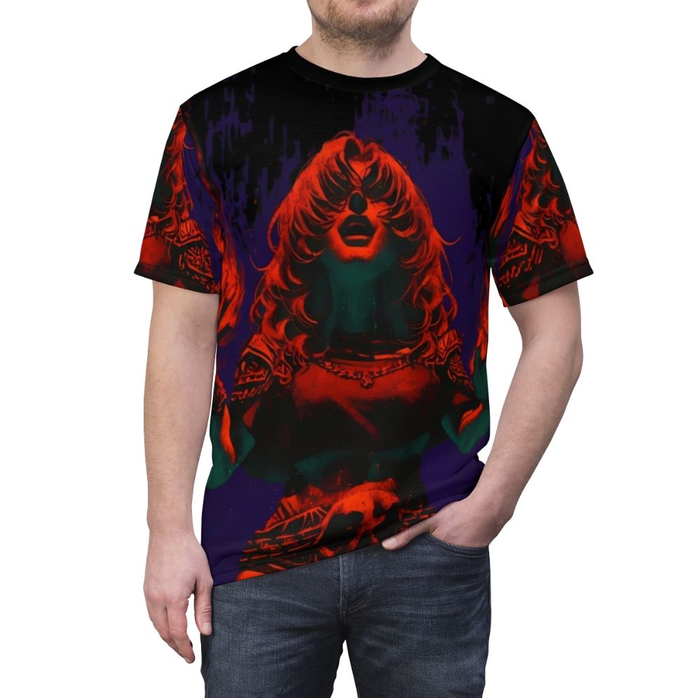 T-shirt featuring a fiery, fantastical voidstomper creature in a dark fantasy art style. - men front