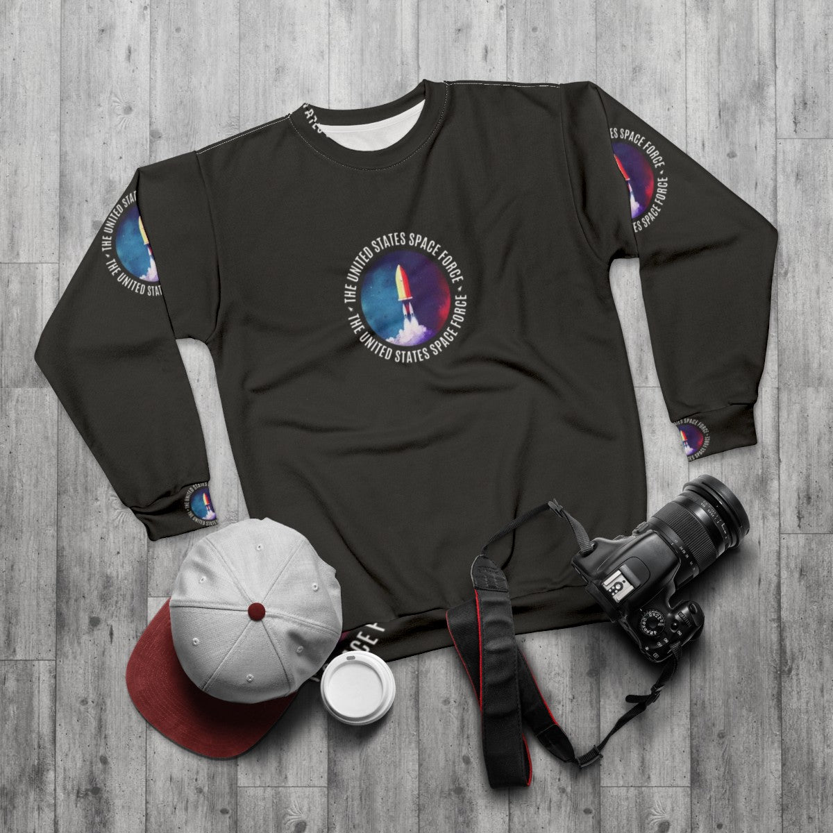 Colorful Space Force Rocket Logo Sweatshirt - flat lay