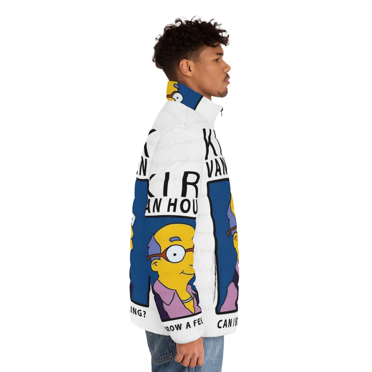 A puffer jacket featuring the iconic "Borrow a Feeling" quote from The Simpsons character Kirk Van Houten. - men side right