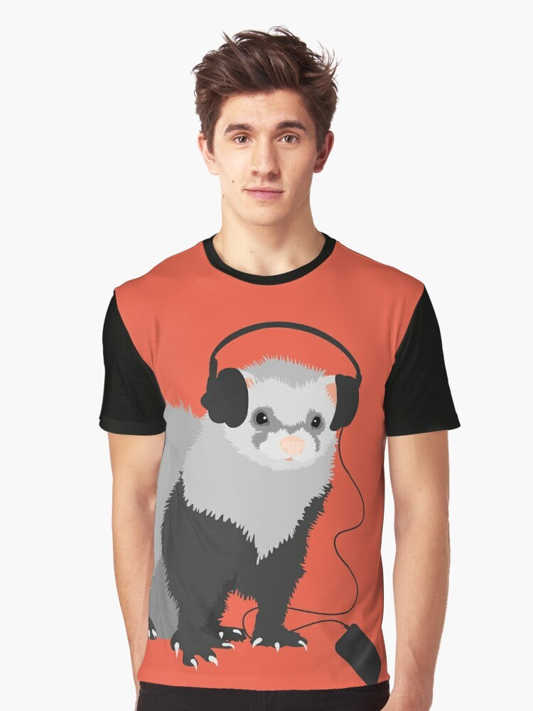 Illustration of a ferret wearing headphones and playing music, focus keyword: ferret, music, musician - Men