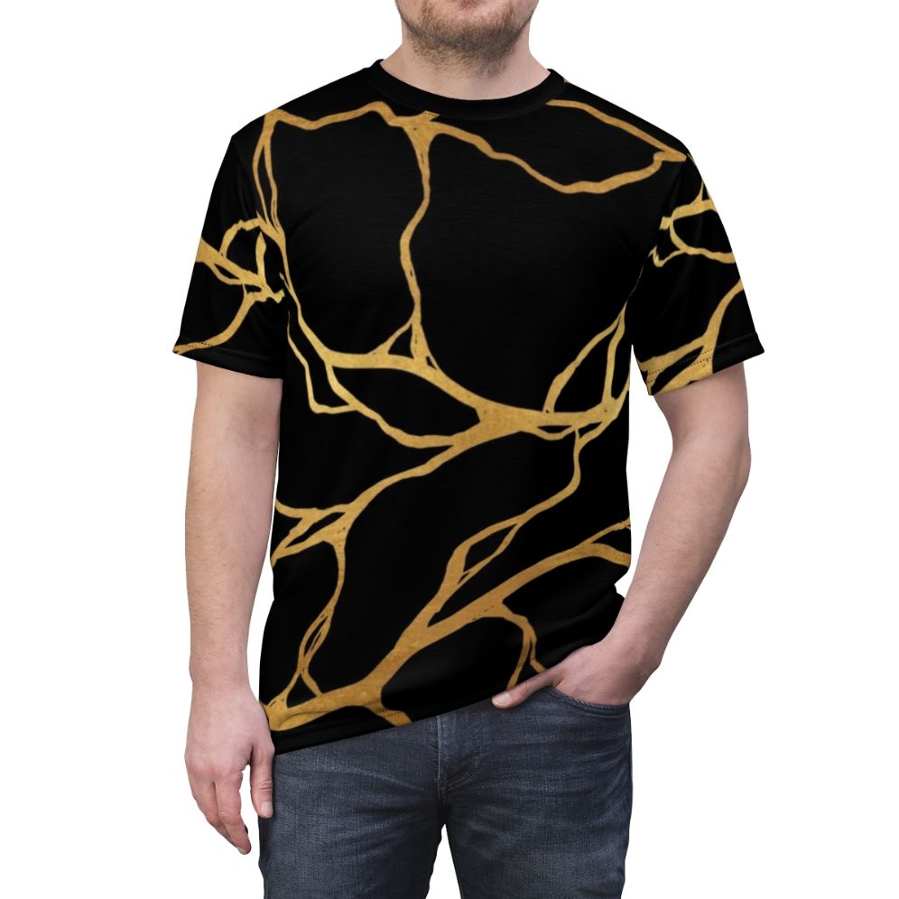 Kintsugi-inspired graphic design on a high-quality t-shirt for art and home decor enthusiasts - men front