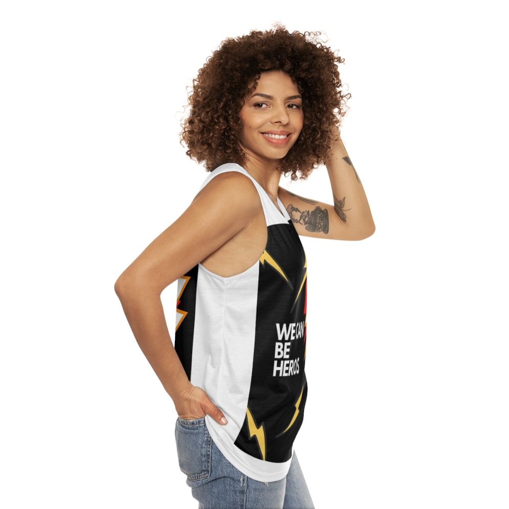 "We Can Be Heros Unisex Black Lightning Tank Top" - women side