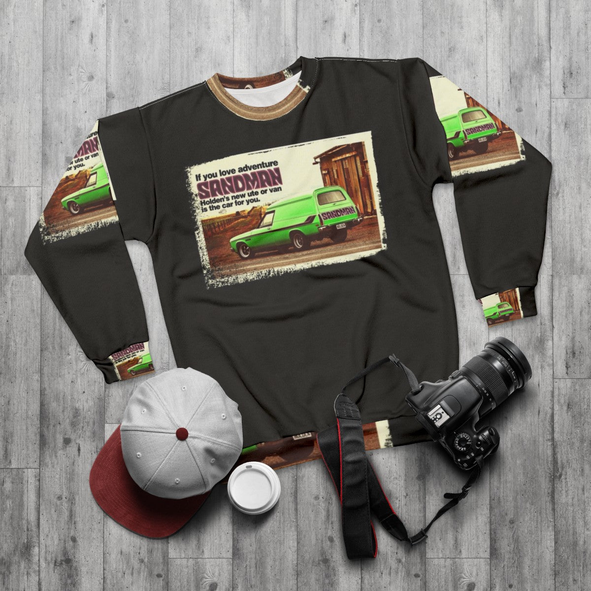 Holden Sandman Panel Van Retro Sweatshirt with Vintage Car Design - flat lay