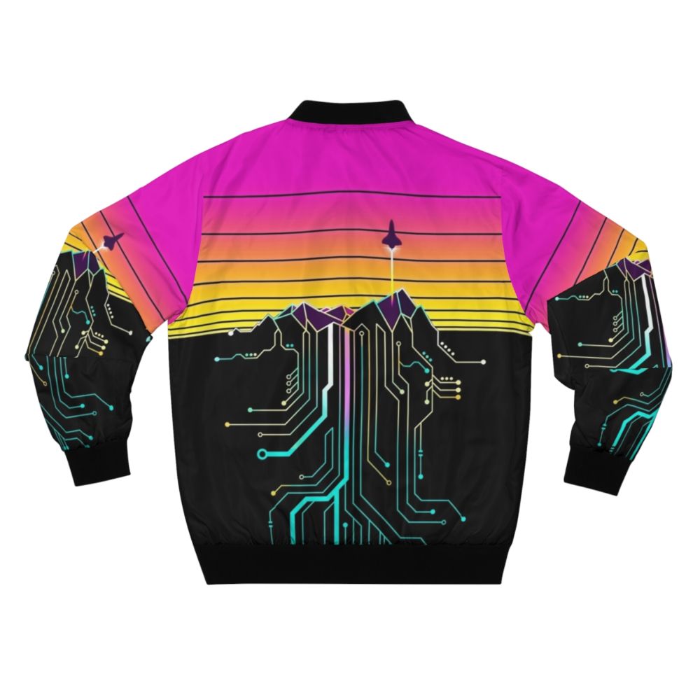 Synth Mountain Sunrise Bomber Jacket with retro 80s synthwave aesthetic design - Back