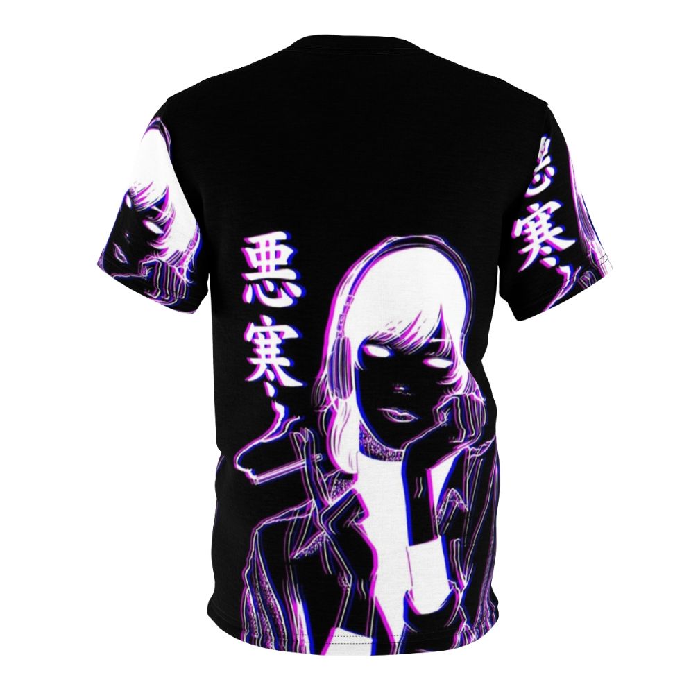 Chill glitch aesthetic t-shirt featuring lofi vaporwave-inspired design with anime girl and music elements. - Back