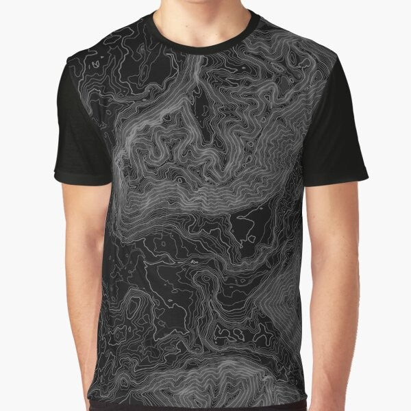 A graphic t-shirt featuring a topographical map design of the North Bend, Washington area.