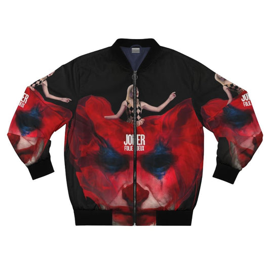 A stylish black bomber jacket with a "Madness of 2" design, featuring the character Quinn.