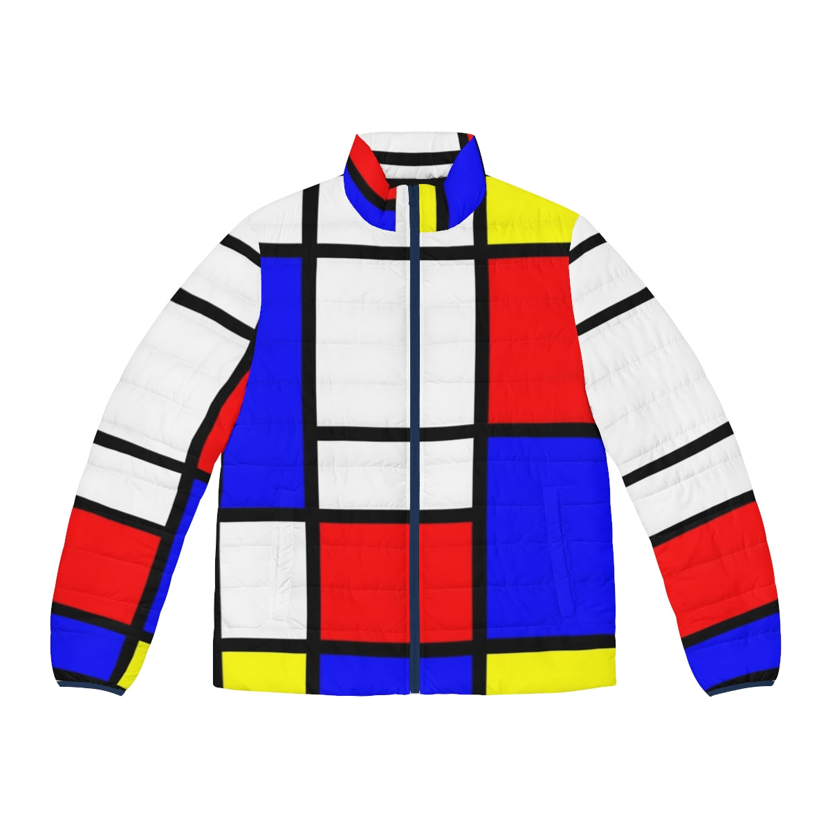 Vibrant, geometric Mondrian-style puffer jacket in primary colors