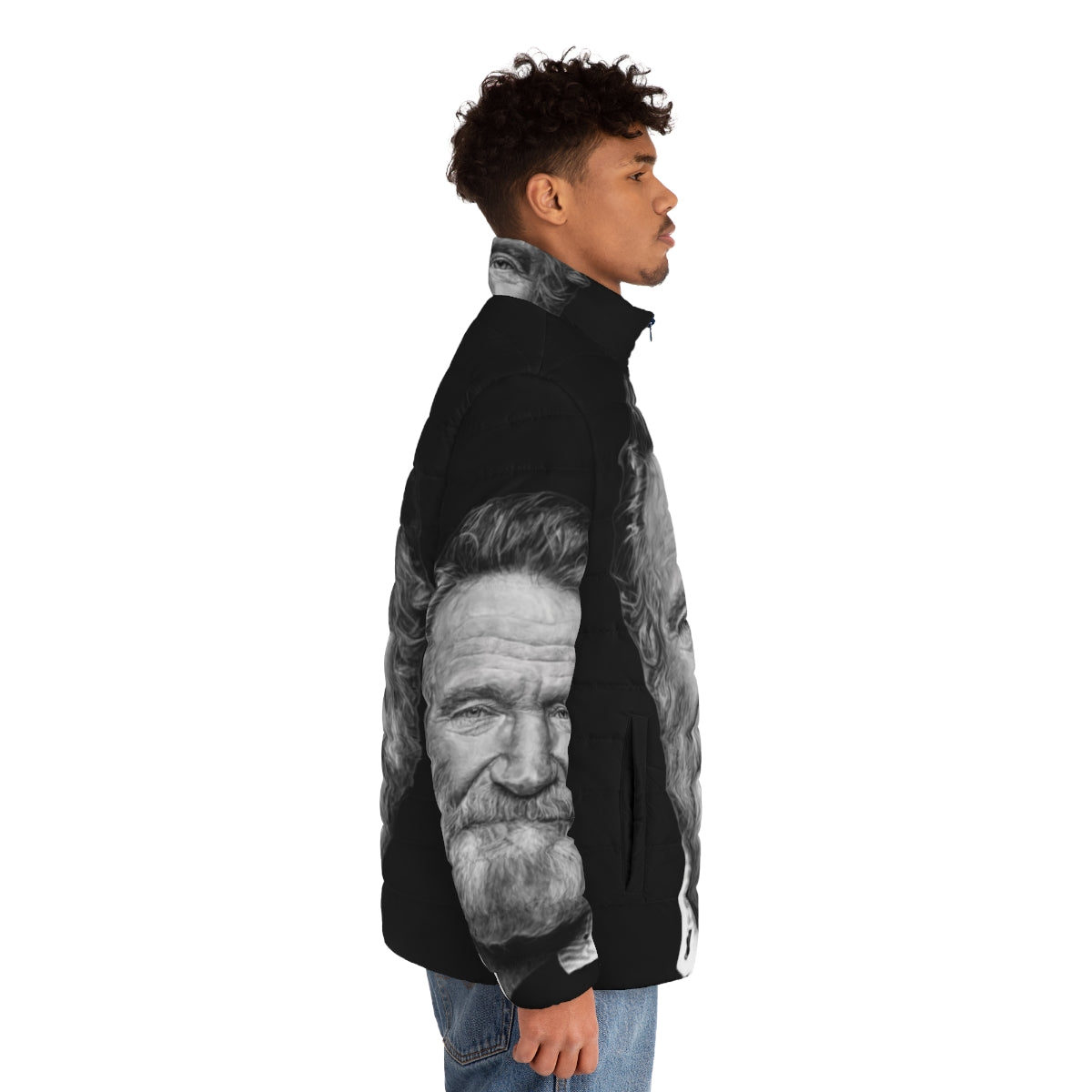 A puffer jacket featuring a portrait of the iconic actor and comedian Robin Williams. - men side right