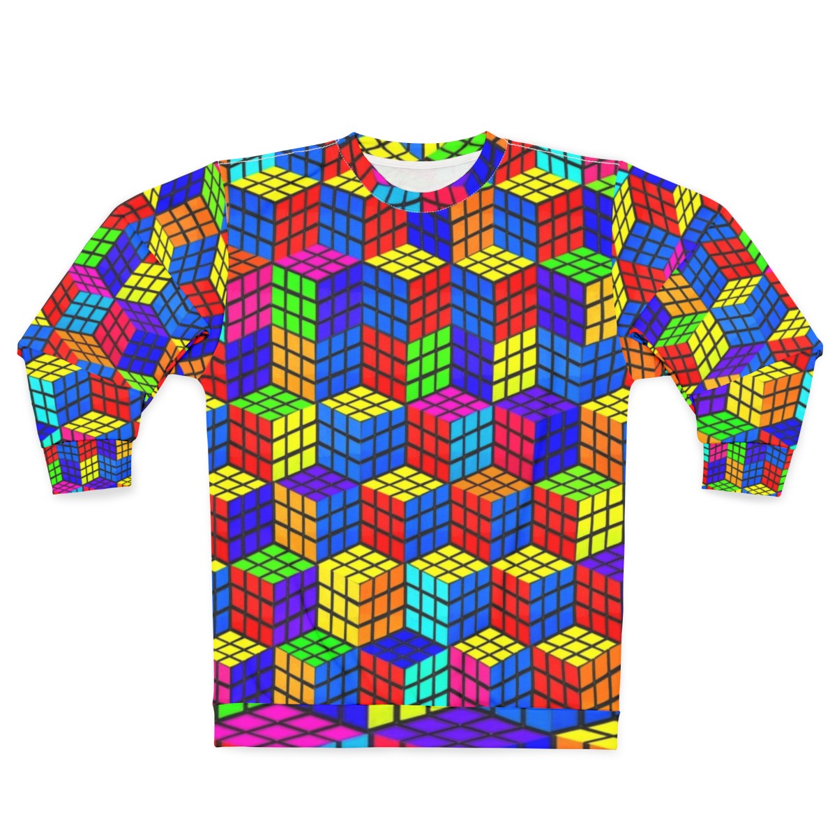 Rubik's Cube optical illusion sweatshirt with colorful, abstract geometric design