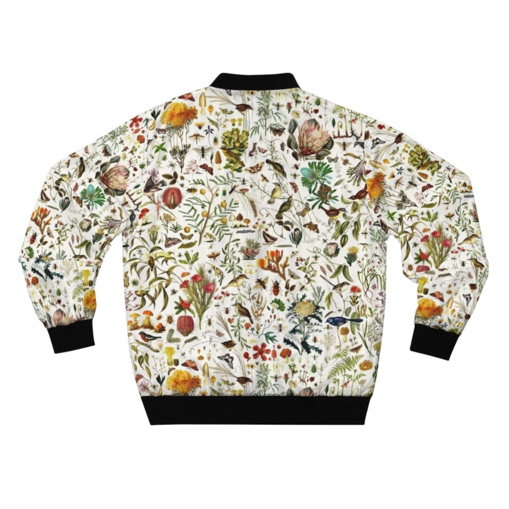 Vibrant Australian nature-inspired bomber jacket featuring colorful butterflies, birds, plants, and more. - Back