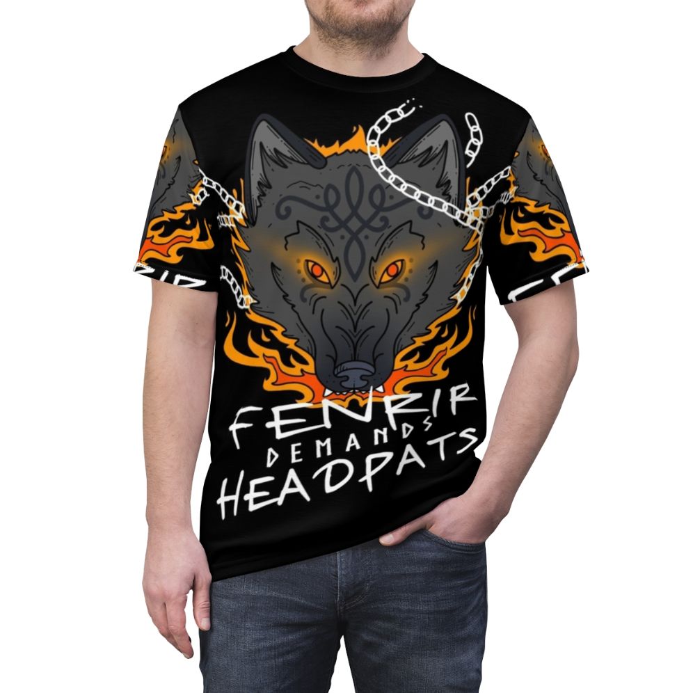 A high-quality all-over printed t-shirt featuring the mythical Norse wolf Fenrir, the harbinger of Ragnarok. - men front