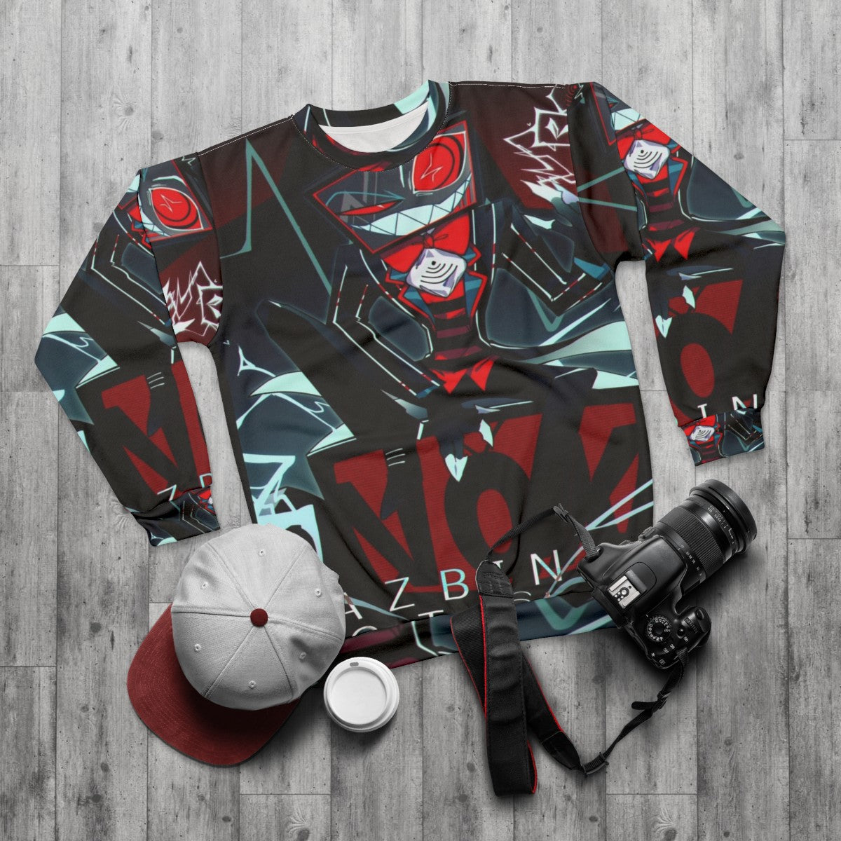 Hazbin Hotel Vox Sweatshirt featuring the character Vox - flat lay