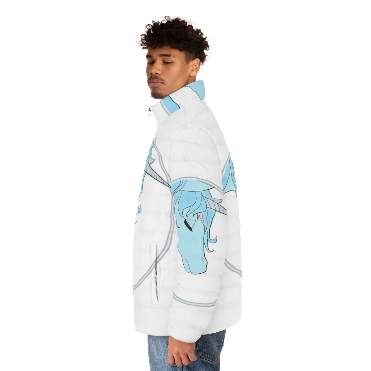 A puffer jacket featuring a magical unicorn design, perfect for fantasy fashion lovers. - men side left