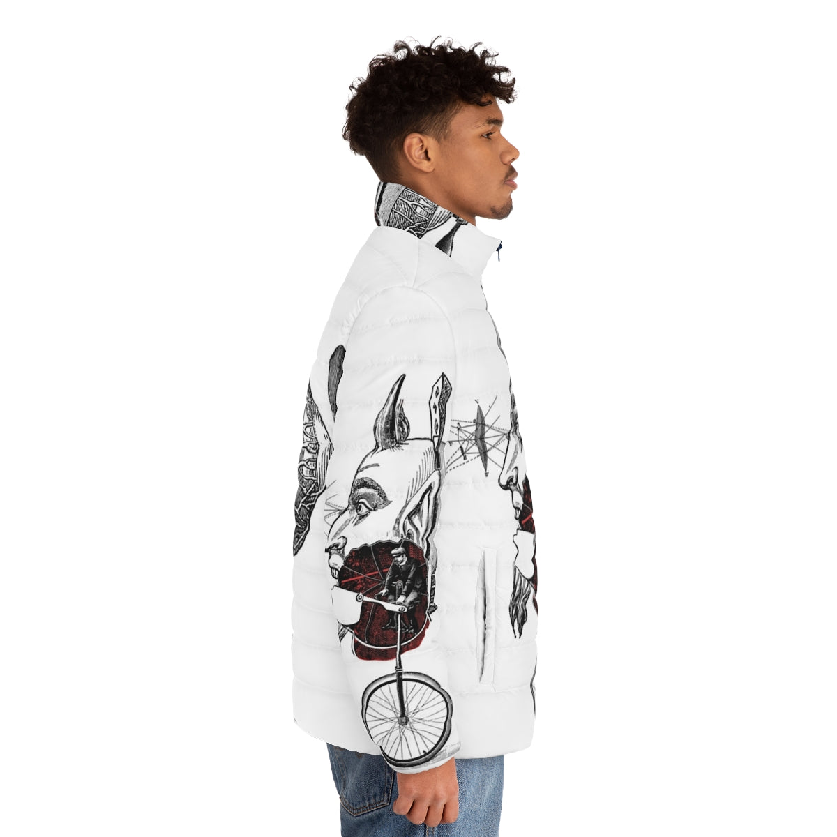 Occult gothic metal puffer jacket with skeleton, tarot, and inferno design - men side right