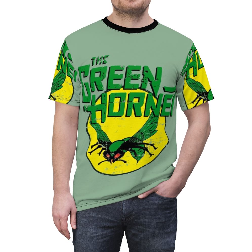 Retro-styled t-shirt featuring the Green Hornet, a 1960s television superhero character. - men front