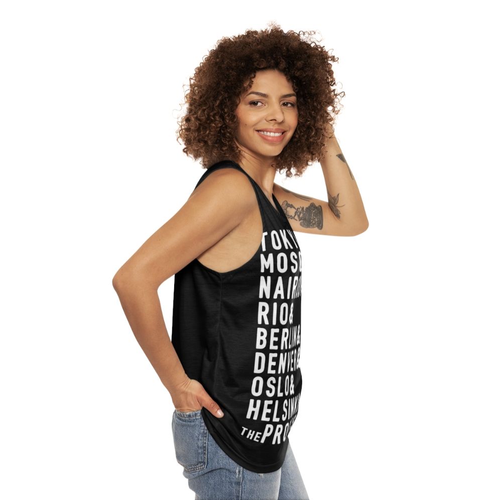 Money Heist Unisex Tank Top with Red Jumpsuit Design - women side