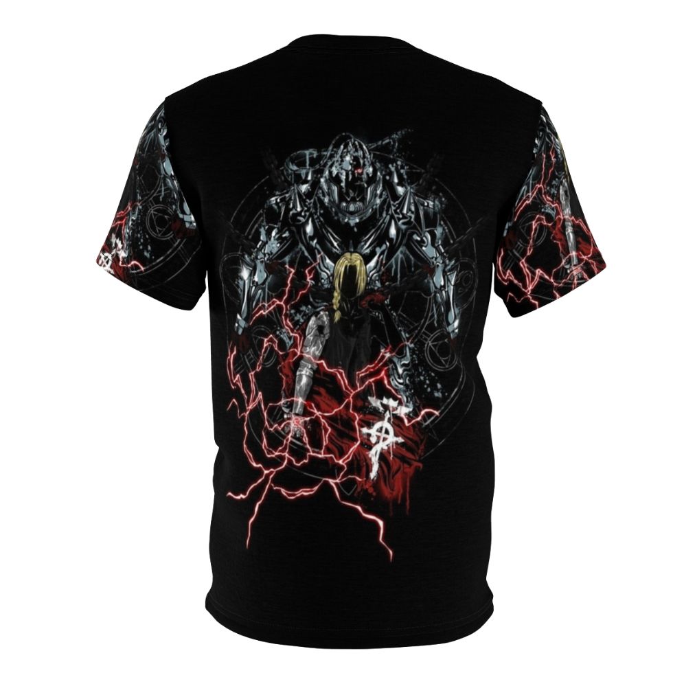 A stylized t-shirt featuring alchemical symbols and characters from the popular anime Fullmetal Alchemist. - Back