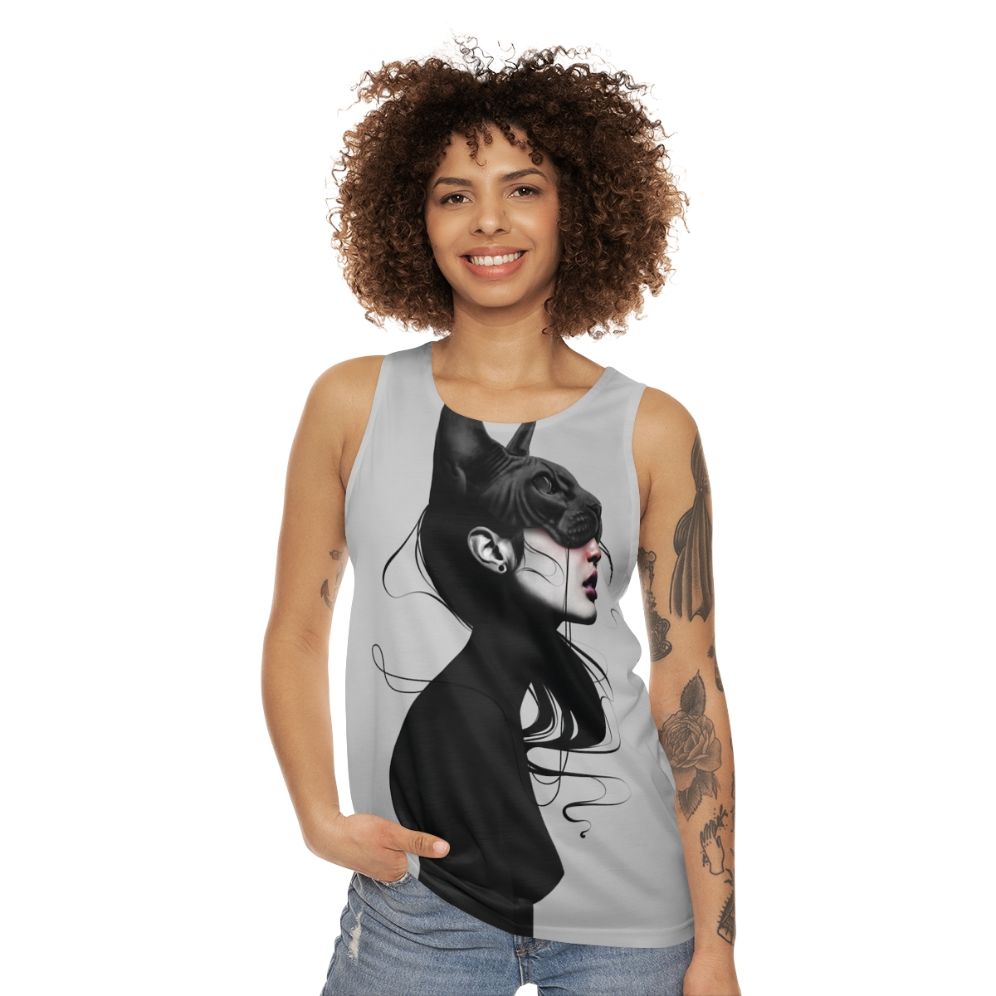 Unisex tank top featuring a black and white portrait - women