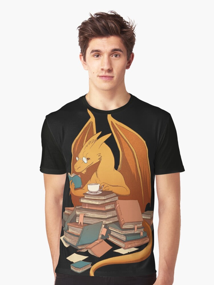 A graphic t-shirt featuring a dragon hoard of books, representing the love of literature and the life of a librarian. - Men