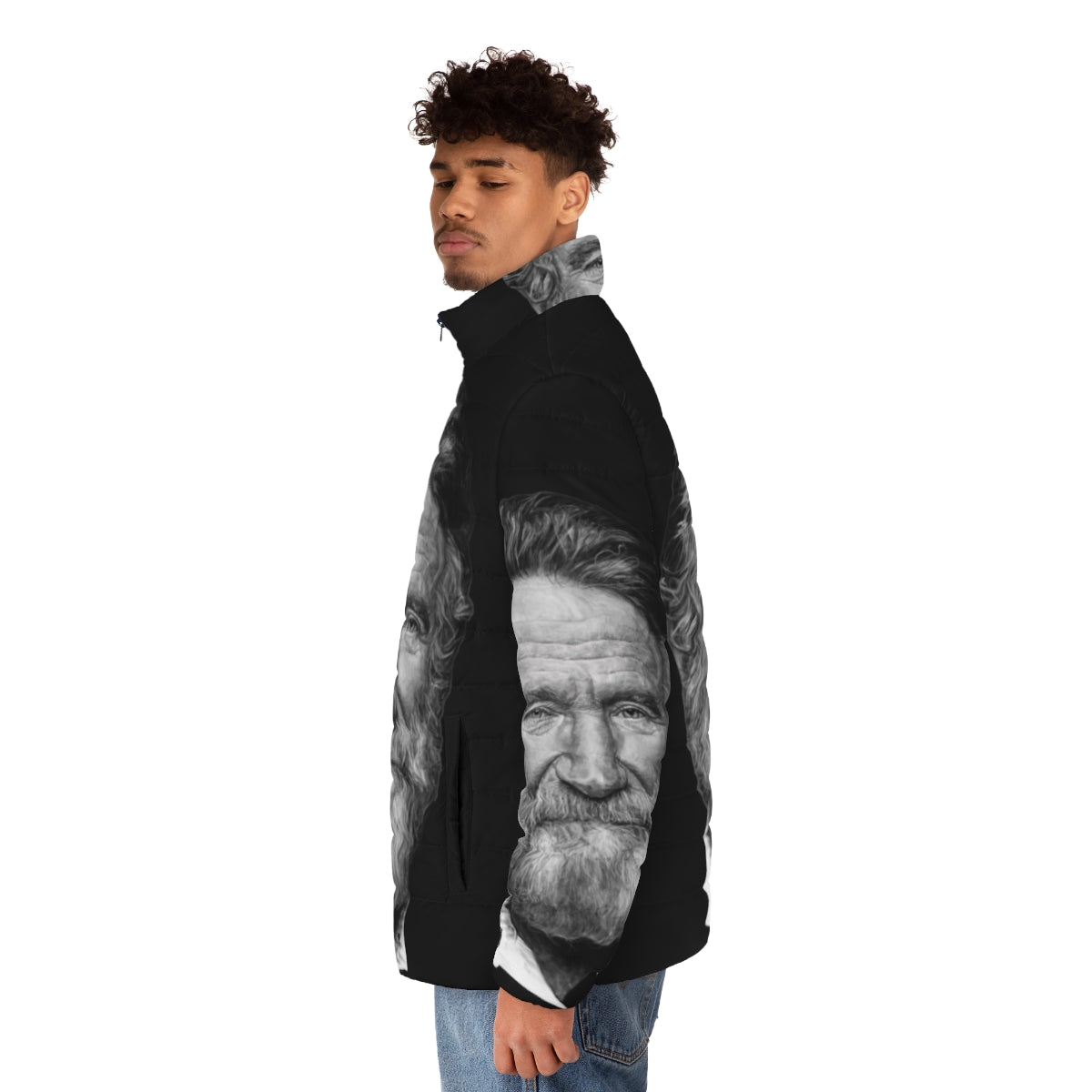 A puffer jacket featuring a portrait of the iconic actor and comedian Robin Williams. - men side left